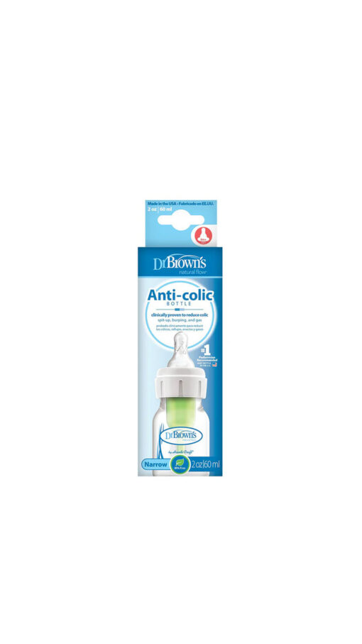 DrBrownsPlasticBottleLevle1Teat60ml.jpg2 DR BROWN'S OPTIONS+ ANTI COLIC NARROW NECK BOTTLE WITH LEVEL 1 TEAT, 60ML