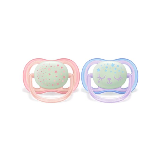 Philips Avent Ultra Air Nighttime Pacifiers (0-6m) for Girl, Stars & Cat - 2 Pcs