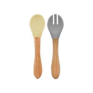 Minikoioi Dig In Spoon & Fork with Bambo Handle - Mellow Yellow & Powder Gray