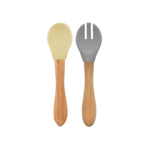 Minikoioi Dig In Spoon & Fork with Bambo Handle - Mellow Yellow & Powder Gray Minikoioi Dig In Spoon & Fork with Bambo Handle - Mellow Yellow & Powder Gray