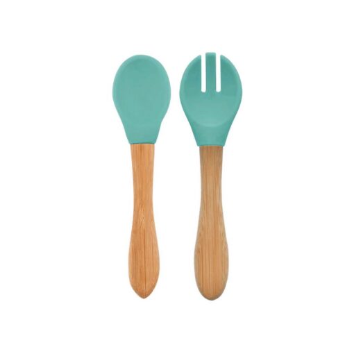 Minikoioi Dig In Spoon & Fork with Bambo Handle - Aqua Green - 2 Pcs