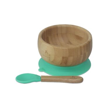 Mori Mori Round Suction Bamboo Bowl with Spoon - Green