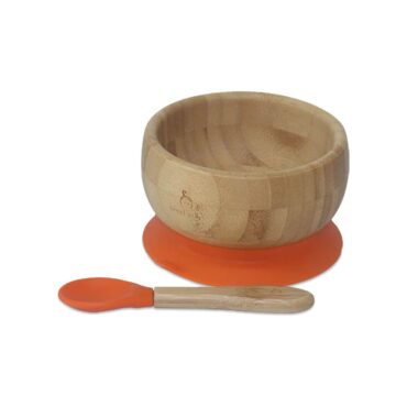 Mori Mori Round Suction Bamboo Bowl with Spoon - Orange