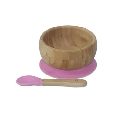 Mori Mori Round Suction Bamboo Bowl with Spoon - Pink