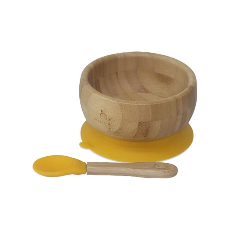 Mori Mori Round Suction Bamboo Bowl with Spoon - Yellow