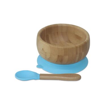 Mori Mori Round Suction Bamboo Bowl with Spoon - Blue