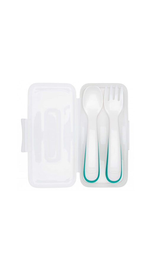 OxoTotOntheGoPlasticForkandSpoonSetwithTravelCaseTeal OxoTotOntheGoPlasticForkandSpoonSetwithTravelCaseTeal