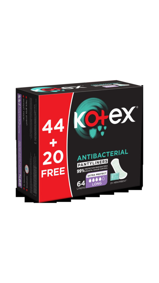Kotex Extra Long Antibacterial Scented (44+20 Free) - 64 Pantyliners Kotex Extra Long Antibacterial Scented (44+20 Free) - 64 Pantyliners