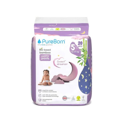 Pureborn Bio-based Bamboo Pyjama Pants Size 5 (12-17kg) Night Print - 20 Pcs Organic Bamboo Training Pants