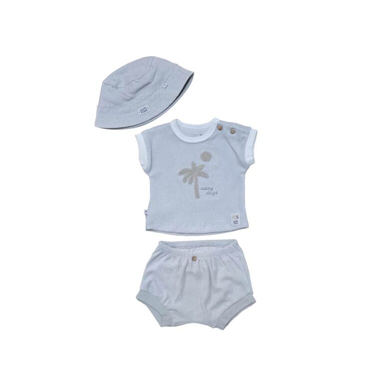 Baby Wawa Caramell Baby Terry Fabric Set with Cap - Gray Palms