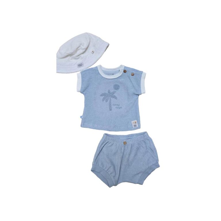 Baby Wawa Caramell Baby Terry Fabric Set with Cap - Blue Palms
