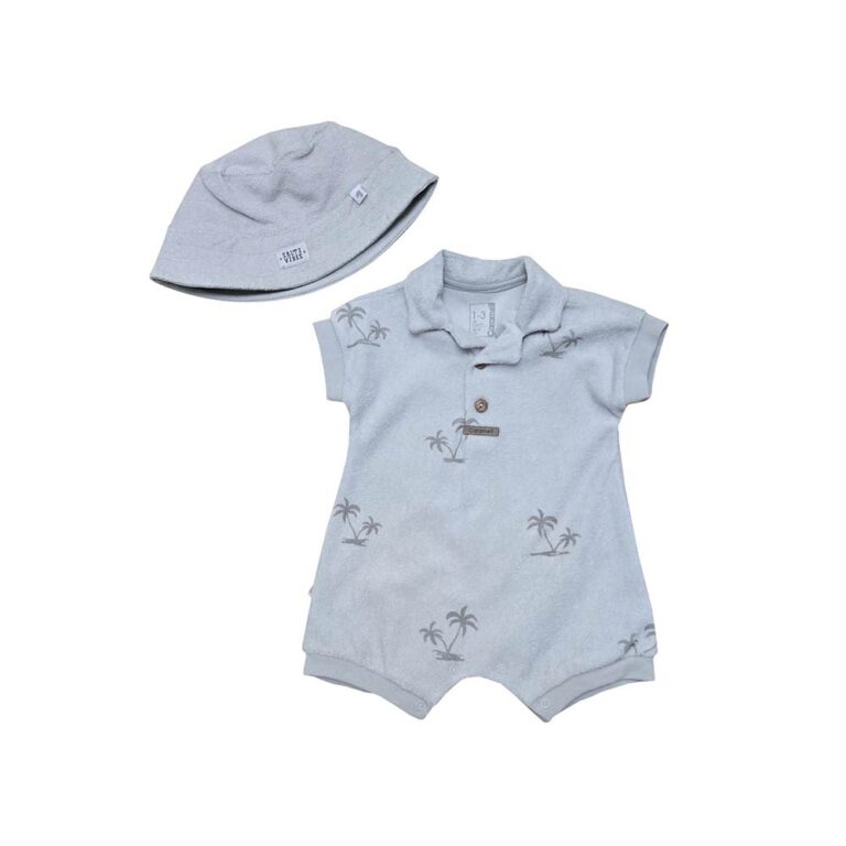 Baby Wawa Caramell Baby Terry Fabric Suit with Cap - Gray Palms