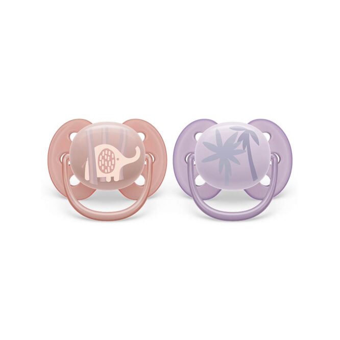 Philips Avent Ultra Soft Pacifiers (0-6m) for Girl, Elephant & Palm - 2 Pcs