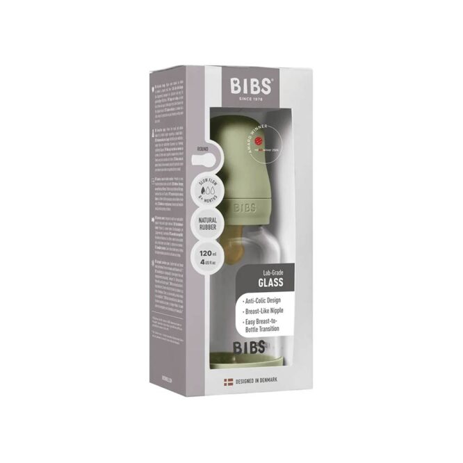 Bibs Baby Anti-Colic Glass Bottle (0m+) Slow Flow 120ml - Sage