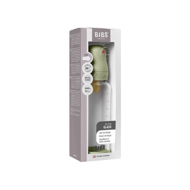 Bibs Baby Anti-Colic Glass Bottle (2m+) Medium Flow 240ml - Sage