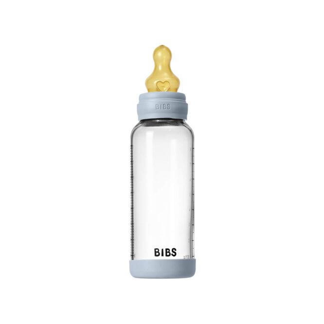 Bibs Baby Anti-Colic Glass Bottle (2m+) Medium Flow 240ml - Baby Blue