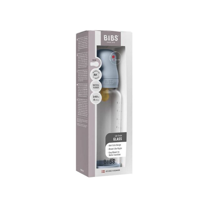 Bibs Baby Anti-Colic Glass Bottle (2m+) Medium Flow 240ml - Baby Blue