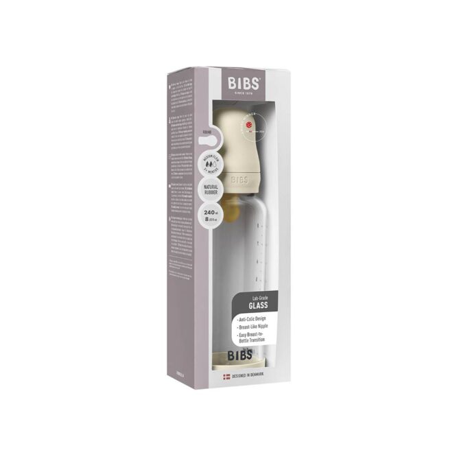 Bibs Baby Anti-Colic Glass Bottle (2m+) Medium Flow 240ml - Ivory