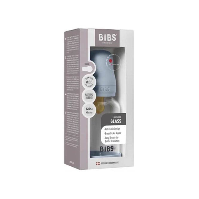 Bibs Baby Anti-Colic Glass Bottle (0m+) Slow Flow 120ml - Baby Blue