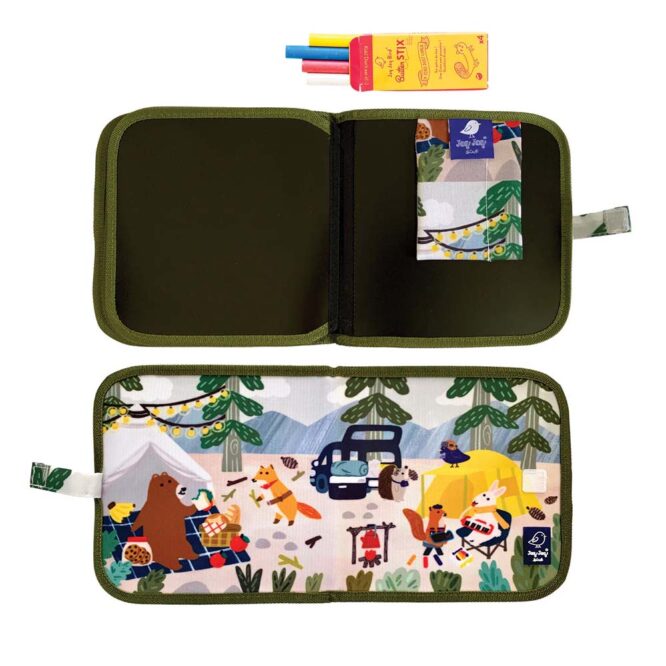 Jaq Jaq Bird Friends Erasable Book with 4 Butterstix Chalk - 8 Pages, Camping