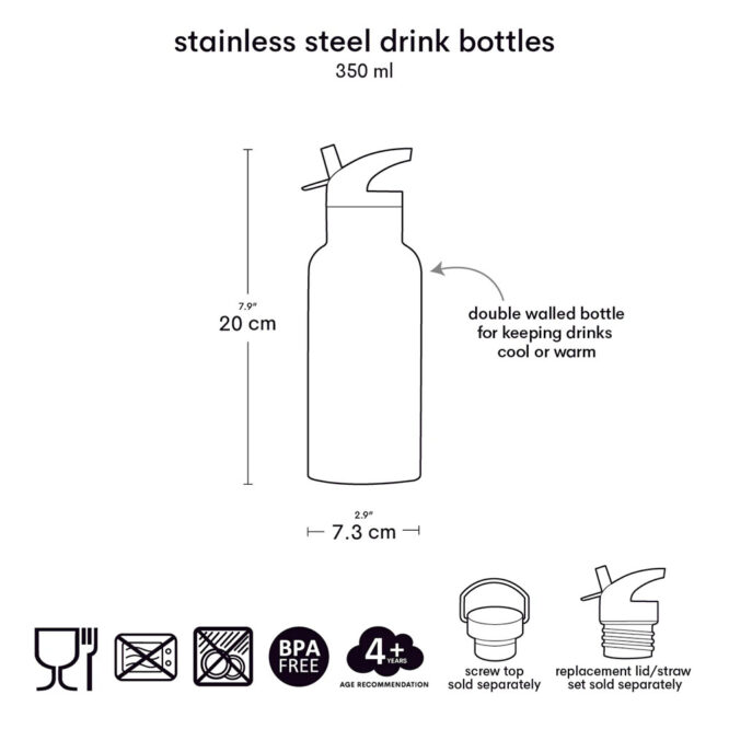A Little Lovely Stainless Steel Water Bottle 350ml Dimensions