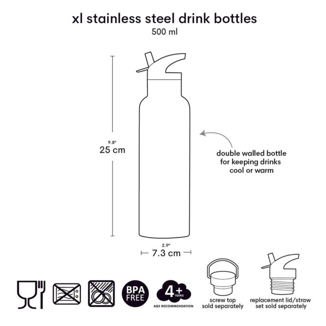 A Little Lovely Stainless Steel Water Bottle 500ml Dimensions
