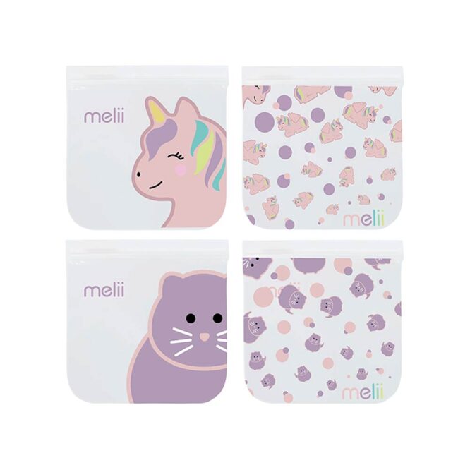 Melii Reusable Snack Bags - 4 Pcs, Unicorn & Cat