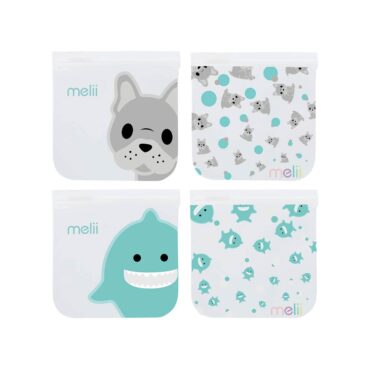 Melii Reusable Snack Bags - 4 Pcs, Bulldog & Shark