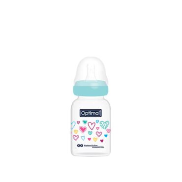 Optimal Anti-Colic Slim Plastic Feeding Bottle (0m+) 140ml - Blue | Hearts