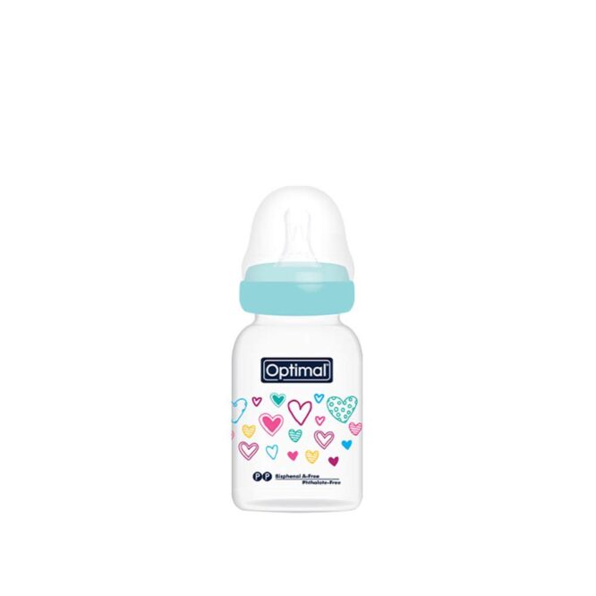 Optimal Anti-Colic Slim Plastic Feeding Bottle (0m+) 140ml - Blue | Hearts