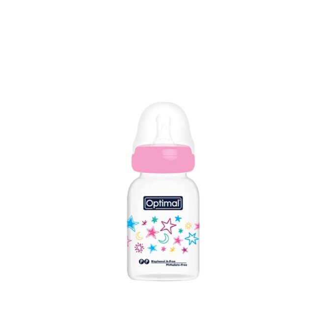 Optimal Anti-Colic Slim Plastic Feeding Bottle (0m+) 140ml - Pink | Stars