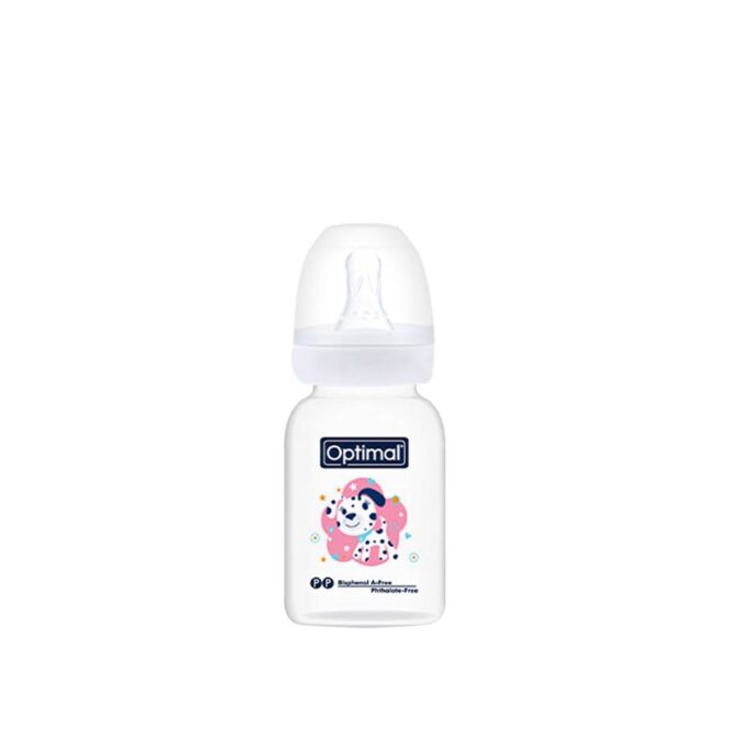 Optimal Anti-Colic Slim Plastic Feeding Bottle (0m+) 140ml - White | Puppy