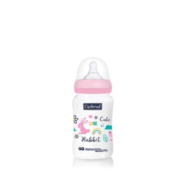 Optimal Anti-Colic Wide Plastic Feeding Bottle (6m+) 240ml - Pink | Cute Rabbit