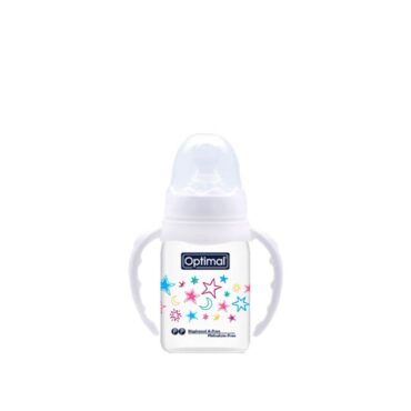 Optimal Anti-Colic Slim Orthodontic Plastic Feeding Bottle with Handle (0m+) 140ml - White | Stars