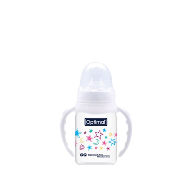 Optimal Anti-Colic Slim Orthodontic Plastic Feeding Bottle with Handle (0m+) 140ml - White | Stars