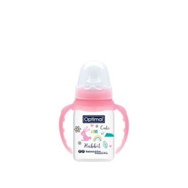 Optimal Anti-Colic Slim Orthodontic Plastic Feeding Bottle with Handle 0m 140ml Pink Cute Rabbit