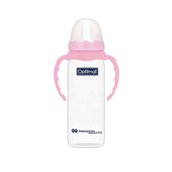 Optimal Anti-Colic Slim Plastic Feeding Bottle with Handle (6m+) 240ml - Pink