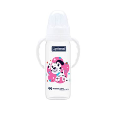 aOptimal Anti-Colic Slim Plastic Feeding Bottle with Handle (6m+) 240ml - White | Puppy