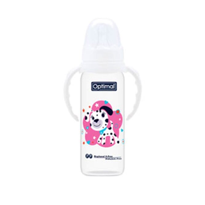 aOptimal Anti-Colic Slim Plastic Feeding Bottle with Handle (6m+) 240ml - White | Puppy