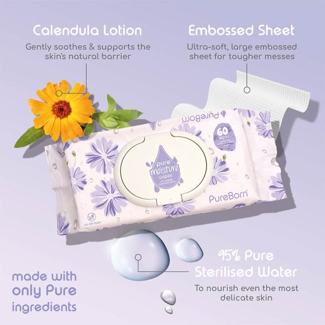 Pureborn Pure Moisture Wipes with Organic Calendula Lotion - 60 Wipes