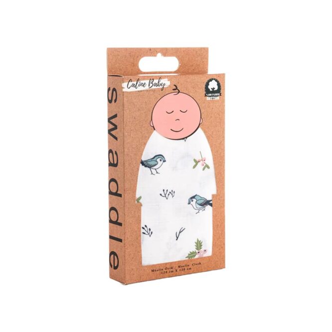 Caline Baby Cotton Muslin Swaddle - Birds, Blue