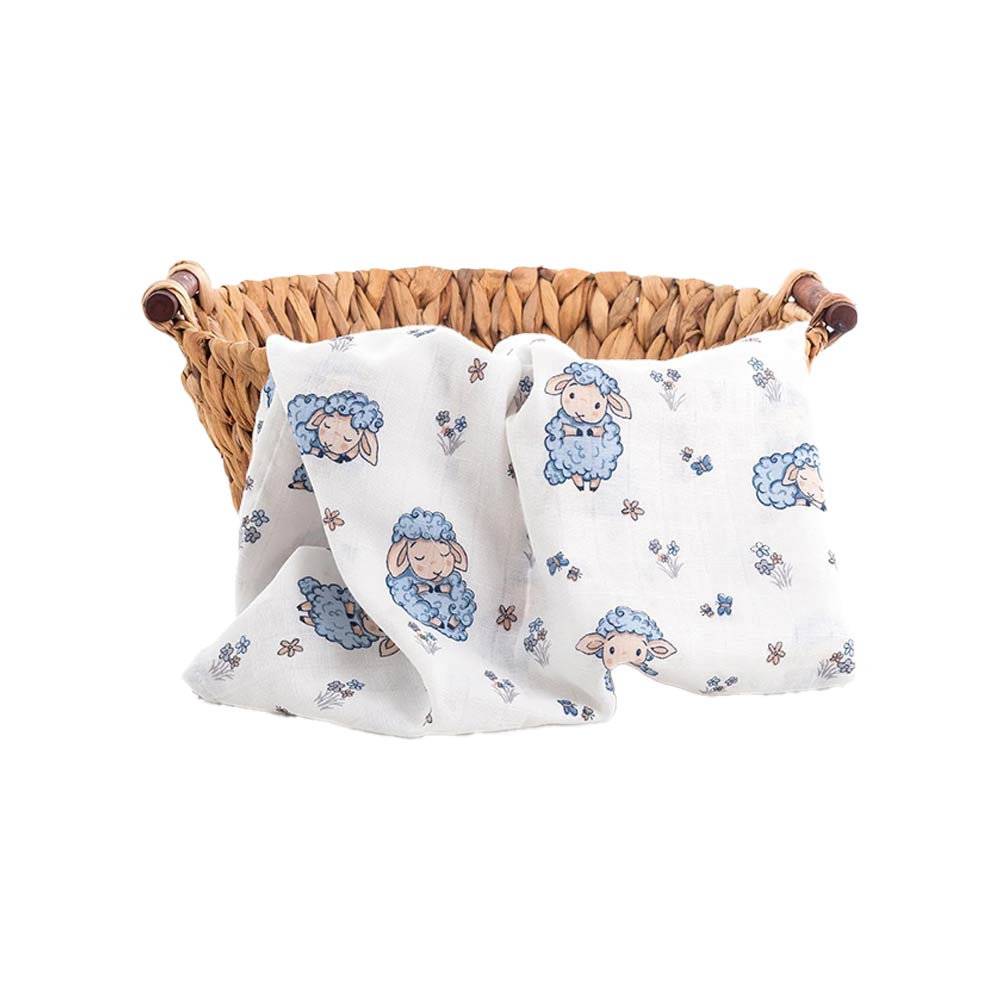 Caline Baby Cotton Muslin Swaddle - Sheep, Blue