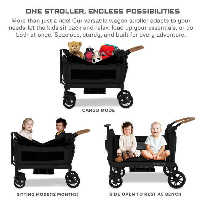 Neobreez ADVI Wagon Stroller For 2 Kids (6m-4Yrs) Max 44kg - Black