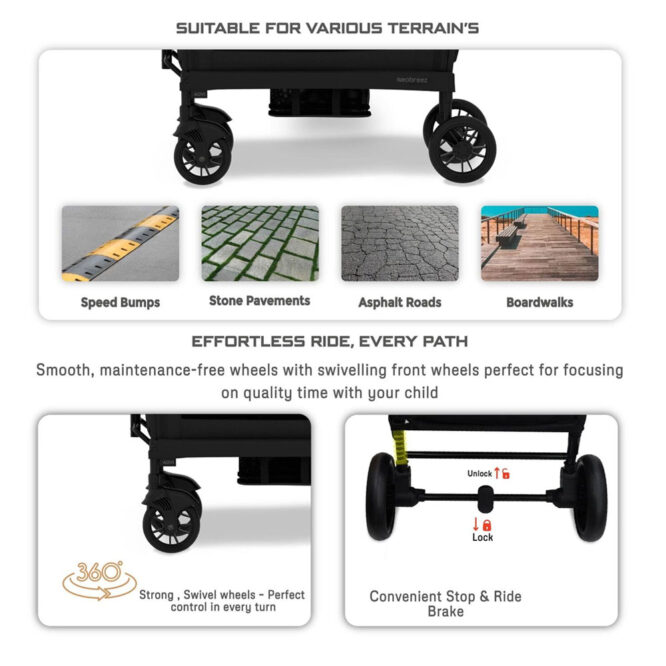 Neobreez ADVI Wagon Stroller For 2 Kids (6m-4Yrs) Max 44kg - Black