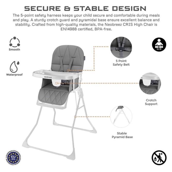 Neobreez CRIS Foldable Baby High Chair (6-36m) Max 15kg - Medium Gray/White