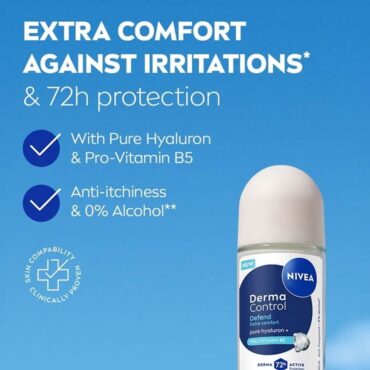 Nivea Female Deodorant Roll-On Derma Control Defend Extra Comfort Pure Hyaluron & Pro Vitamin B5 50ml