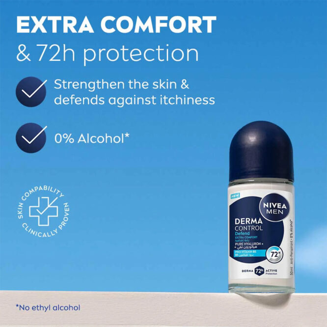 Nivea Men Deodorant Roll-On Derma Control Defend Extra Comfort Pure Hyaluron & Pro Vitamin B5 50ml