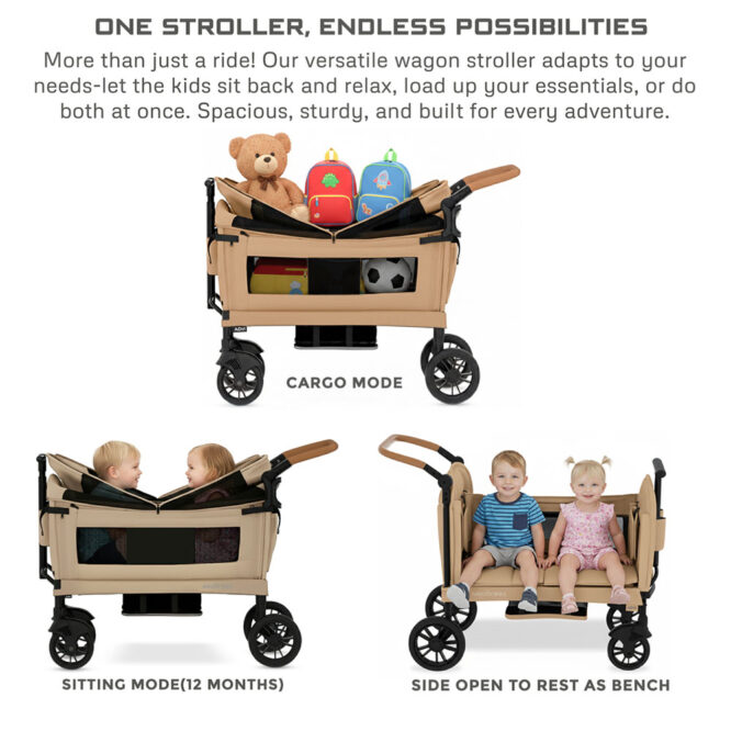 Neobreez ADVI Wagon Stroller for 2 Kids (6m-4Yrs) Max 44kg - Beige