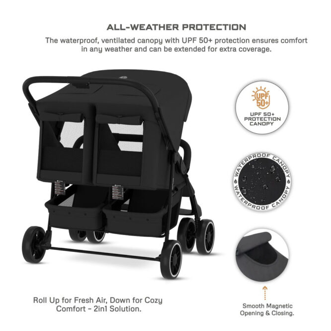 Neobreez DUADX Twin Stroller (0-3Yrs) Max 30kg - Black