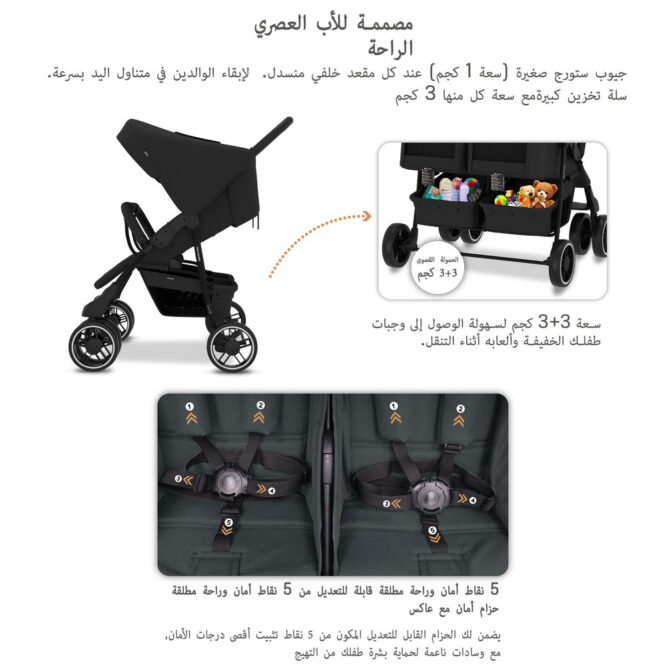 Neobreez DUADX Twin Stroller (0-3Yrs) Max 30kg - Black